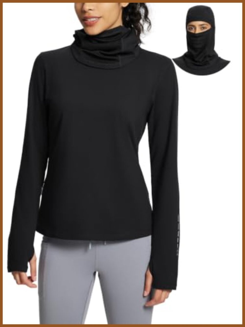 Thermal Fleece Lined Long Sleeve Active Shirt with Balaclava Thumb Holes